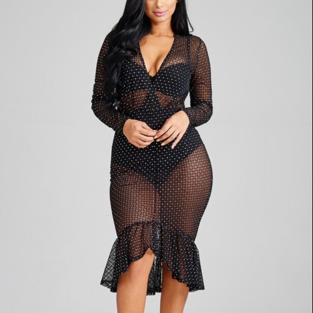 HP Rhinestone Sheer Fishtail Body-con Dress